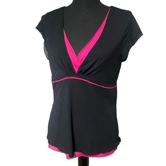 Old Navy Hot Pink and Black Mesh Babydoll Perfect Fit Top - Picture 1 of 6